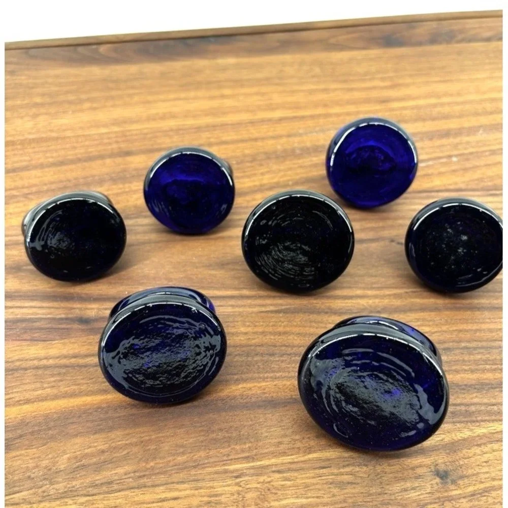 Hand Blown Cobalt Blue Art Glass Napkin Rings Set of 7 Modern Sculptural Artisan